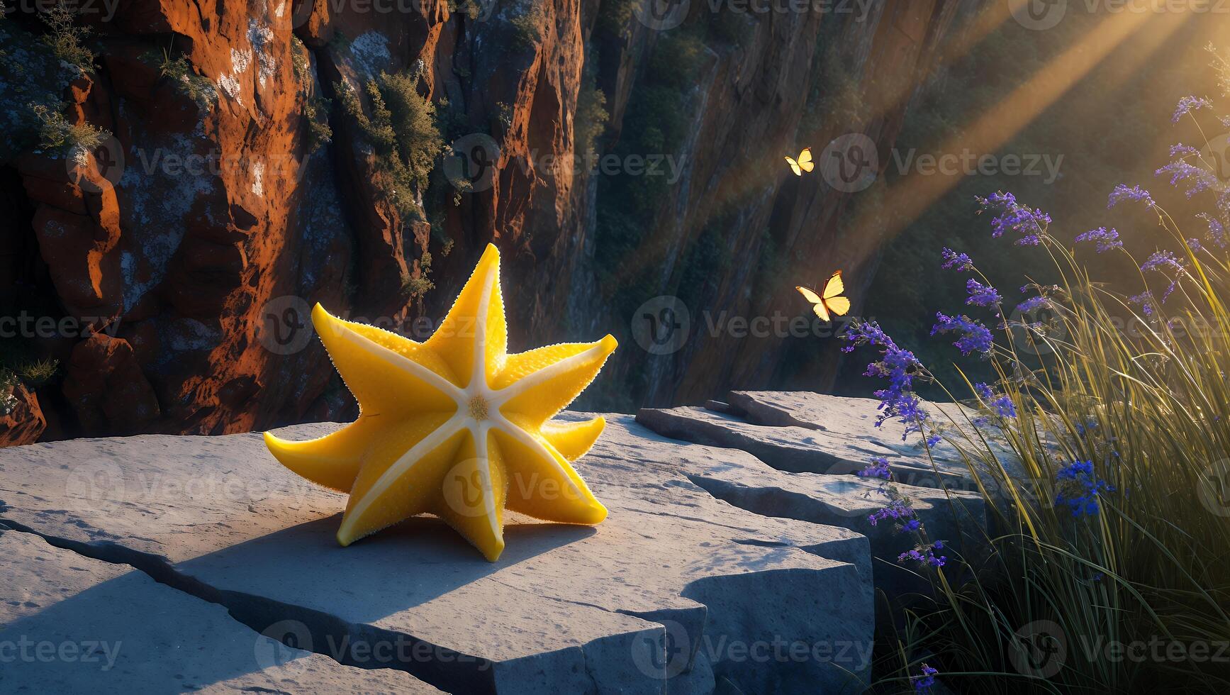Starfruit on Cliff Edge with Sun Rays and Butterflies Scene photo