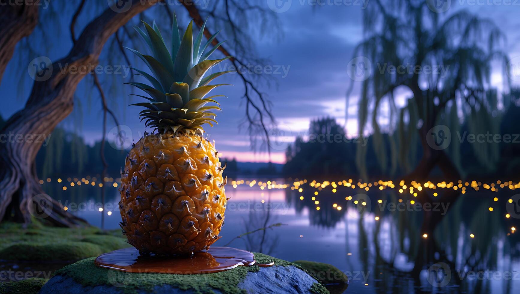 Pineapple Still Life by Lake at Dusk with Soft Glowing Lights photo