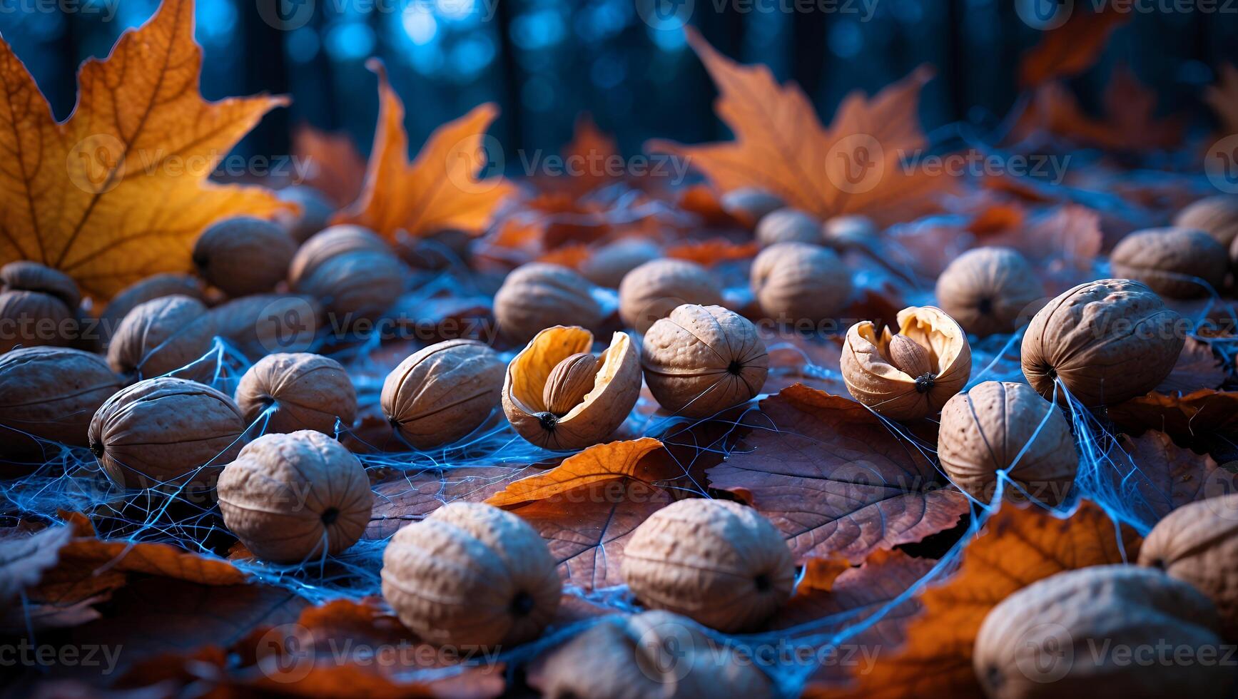 Walnuts on Autumn Leaves with Webbing in a Forest Setting photo