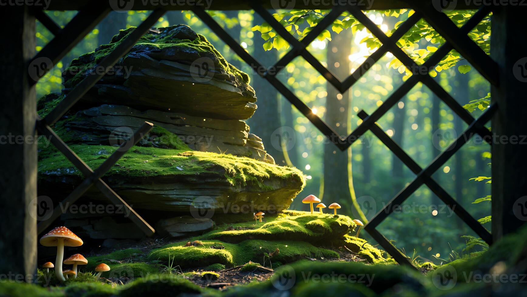 Viewing Mossy Rock and Mushrooms Through Wooden Frame in Forest photo