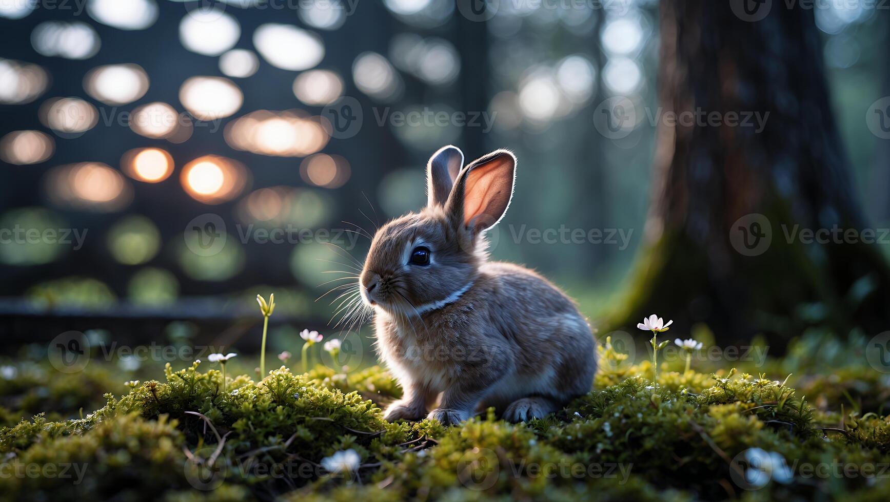 Rabbit Sitting on Moss in Forest at Dusk with Bokeh photo