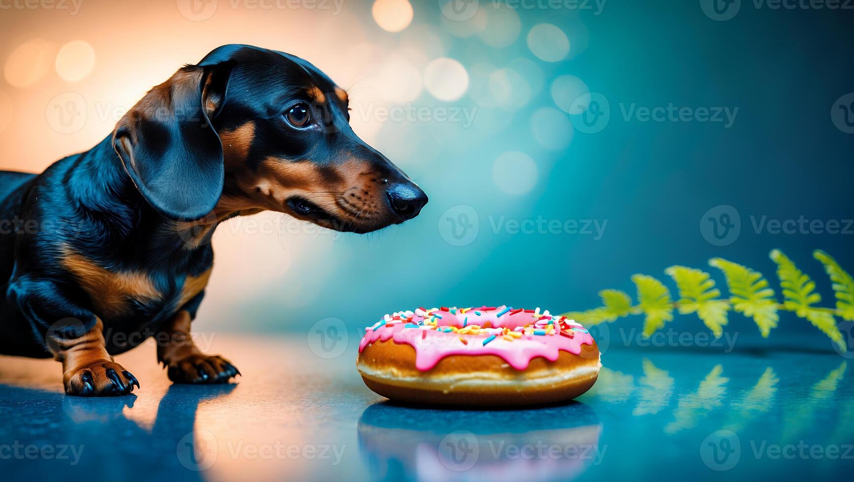 Small Dog Looking at Frosted Donut with Colorful Sprinkles Treat photo