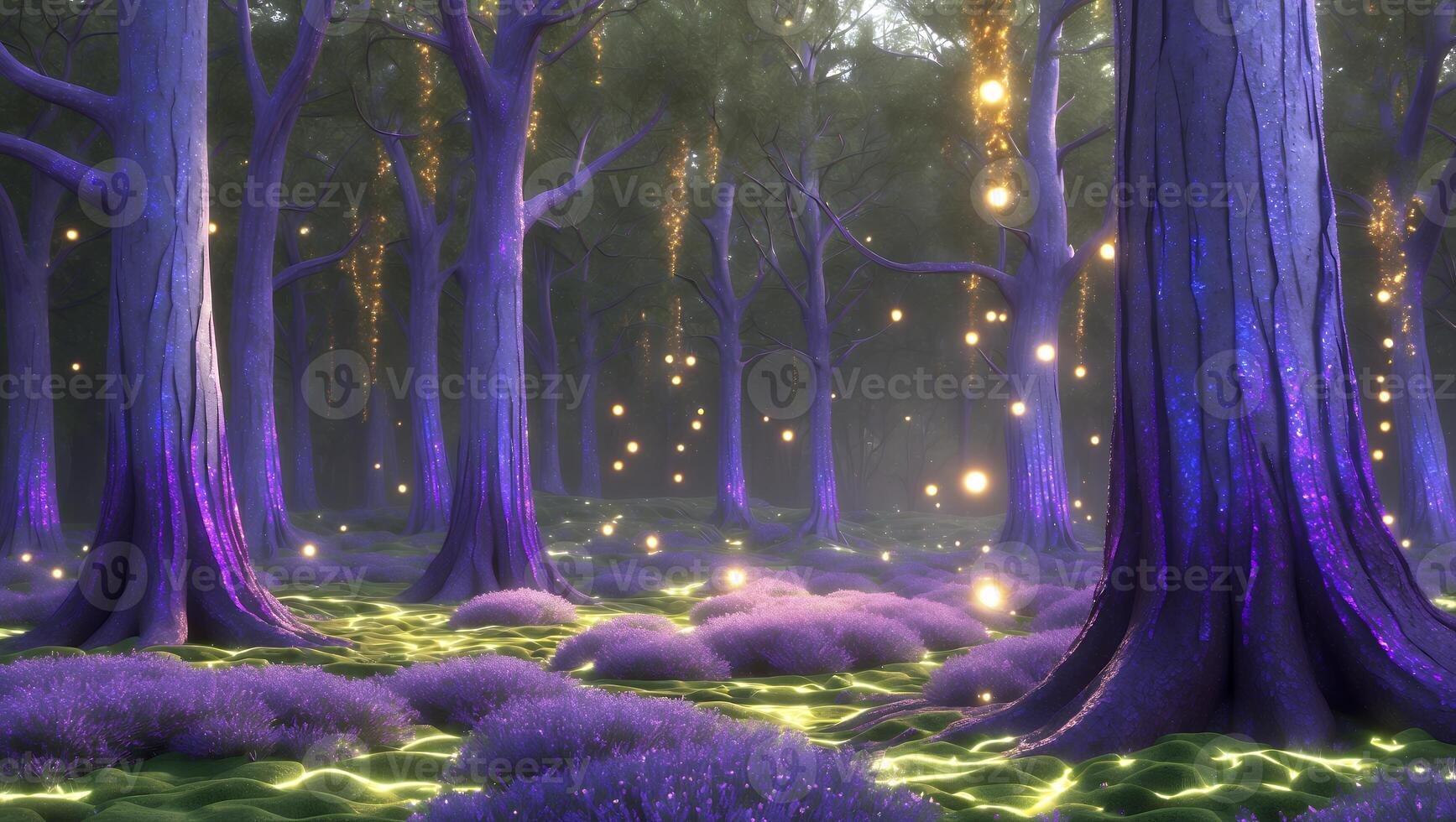 Mystical Forest with Glowing Lights and Lavender Bushes Scenery photo