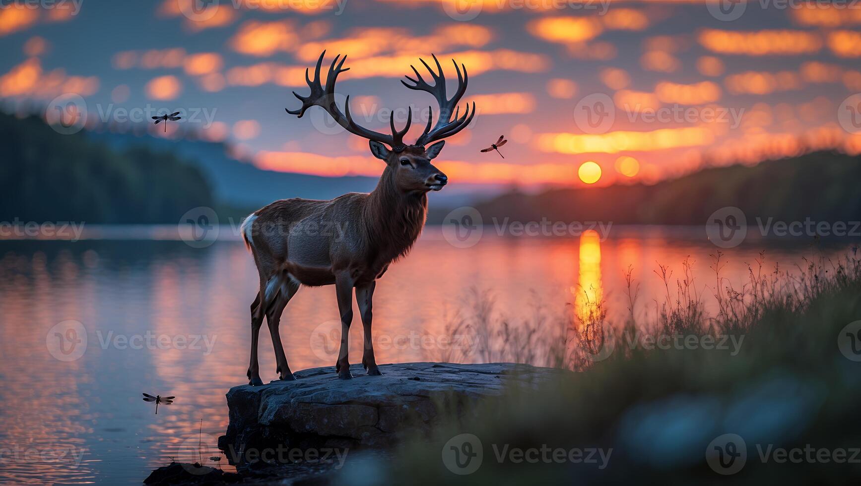 Standing Stag Watching Dramatic Lake Sunset with Dragonflies Flying Around photo