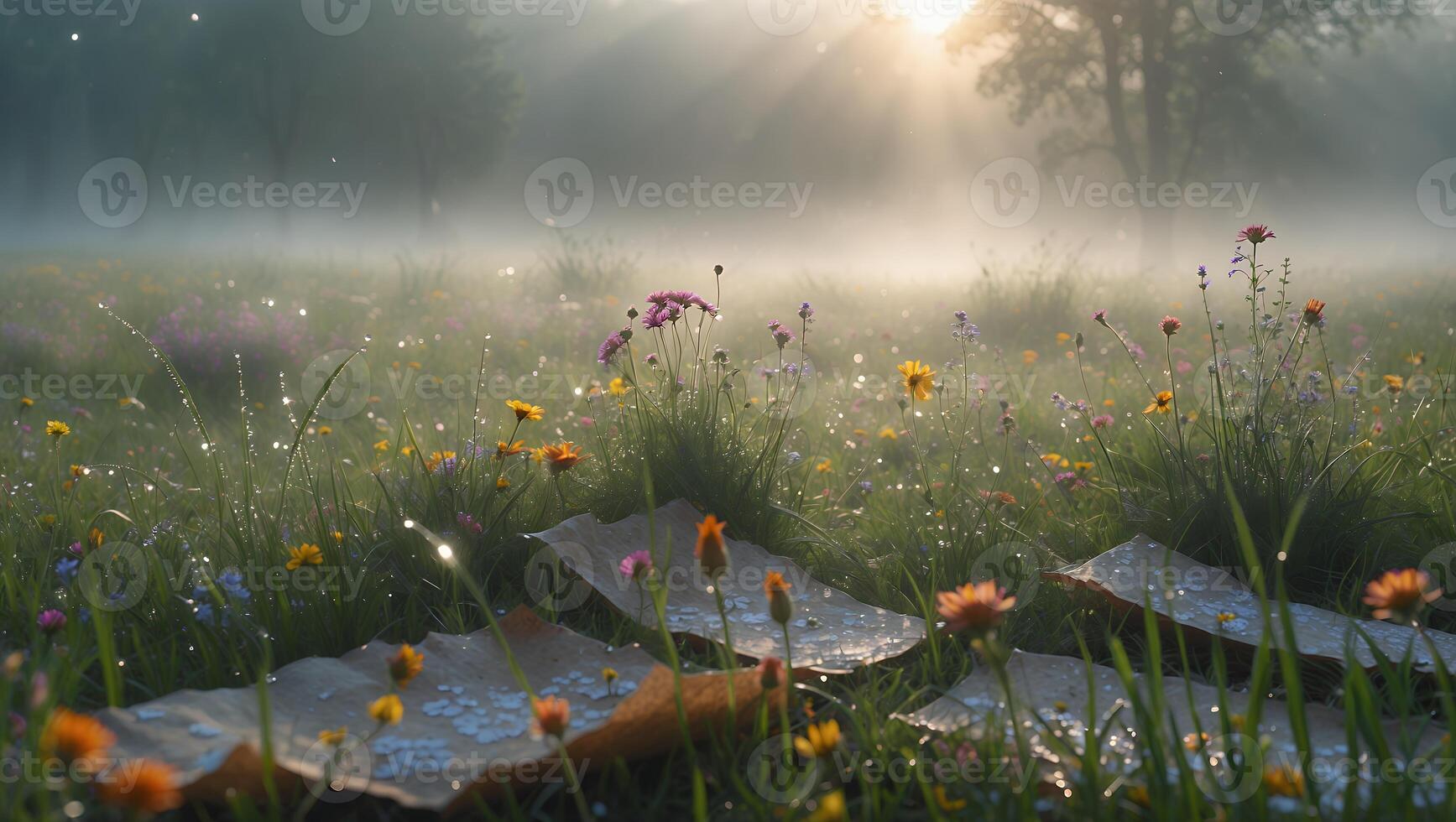 Wildflower Meadow in Morning Mist with Sunlight and Dew Drops photo