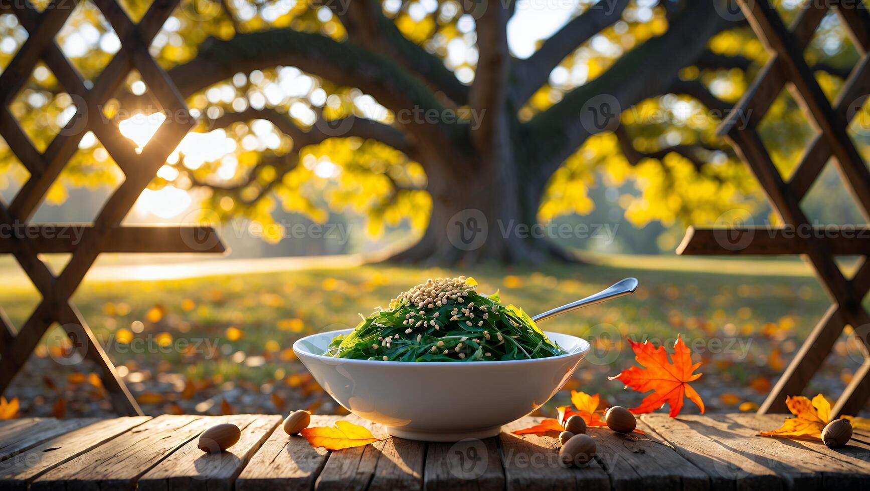 Green Salad in Bowl on Wooden Table with Autumnal Setting photo
