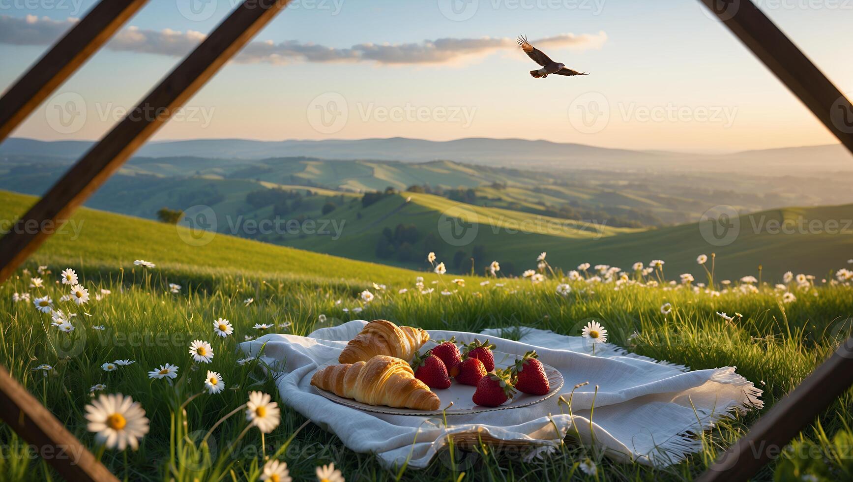 Picnic with Croissants and Strawberries in a Grassy Field at Sunset photo