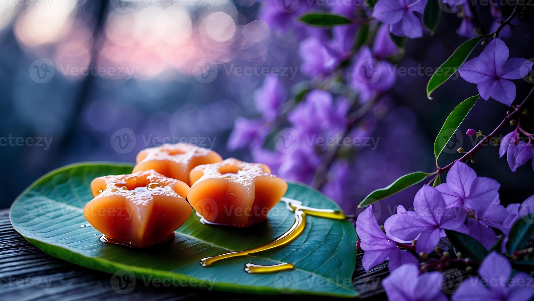Serving Flower Shaped Pastries with Syrup on Leaf Alongside Violet Flowers photo