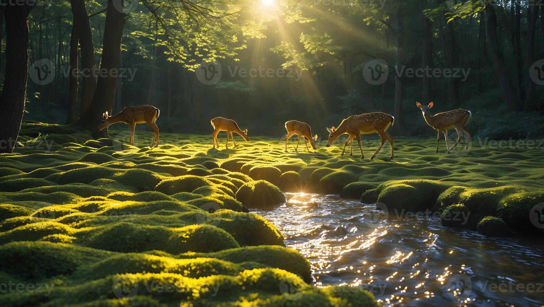 Deer Grazing Near Forest Stream in Golden Sunlight Meadow photo