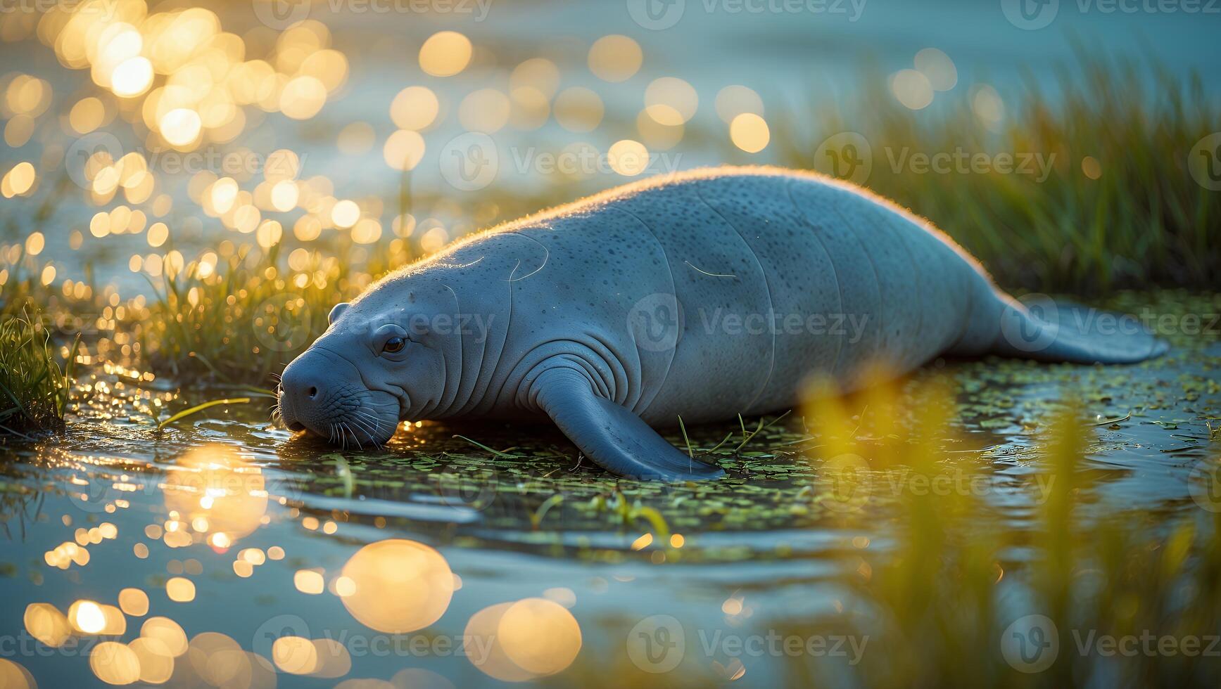 Resting Manatee in Shallow Water with Sparkling Golden Light Reflections photo