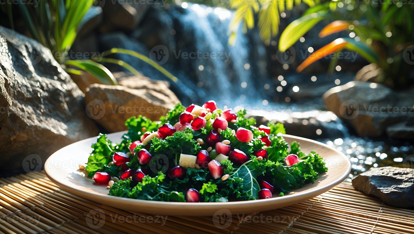 Kale Salad with Pomegranate Seeds at a Tranquil Waterfall Setting photo