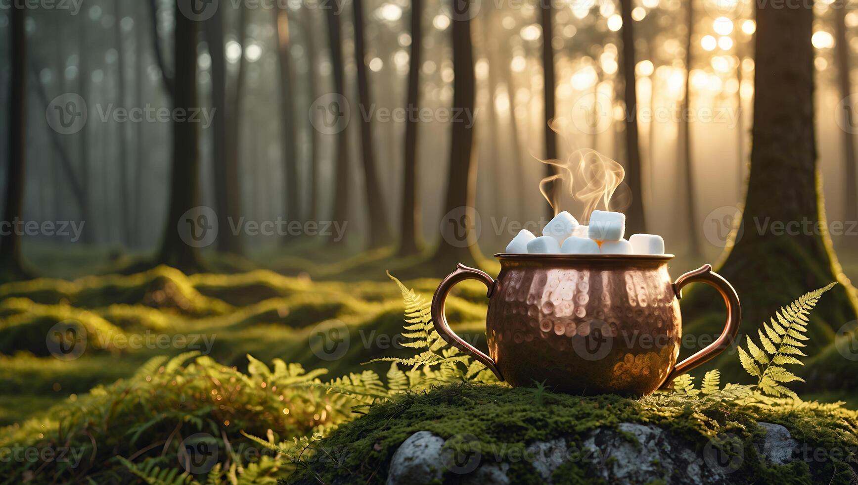 Marshmallows in Copper Mug Steaming in Forest at Sunrise photo