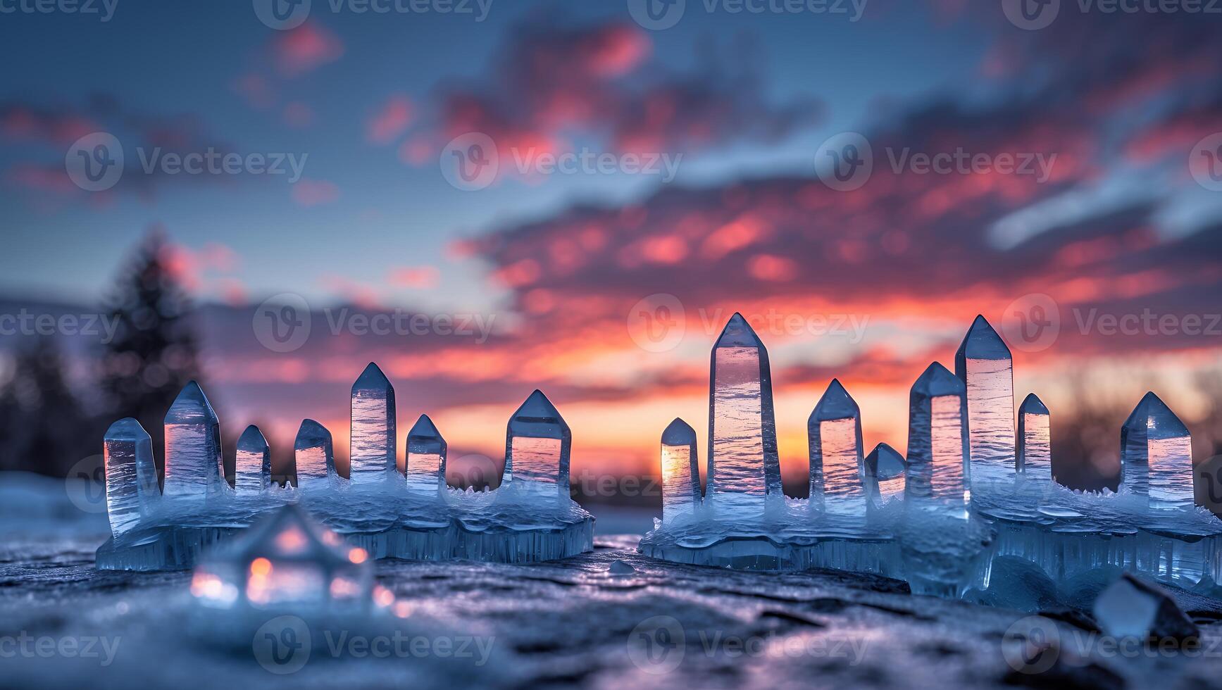 Icy Structures Reflecting Colorful Sunset Sky in Winter Landscape photo