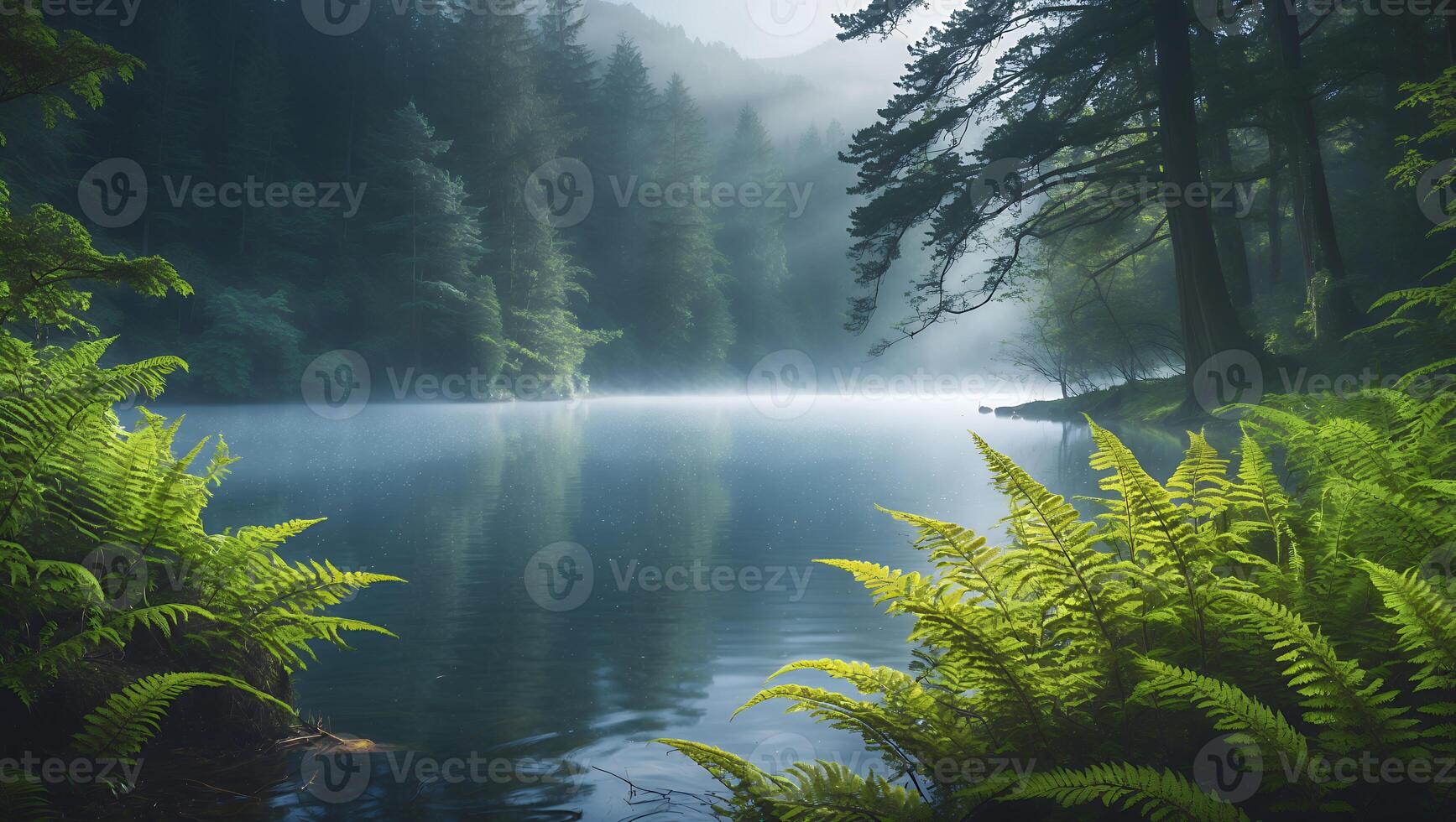 Still Lake at Dawn Framed by Ferns and Mist Laden Trees photo