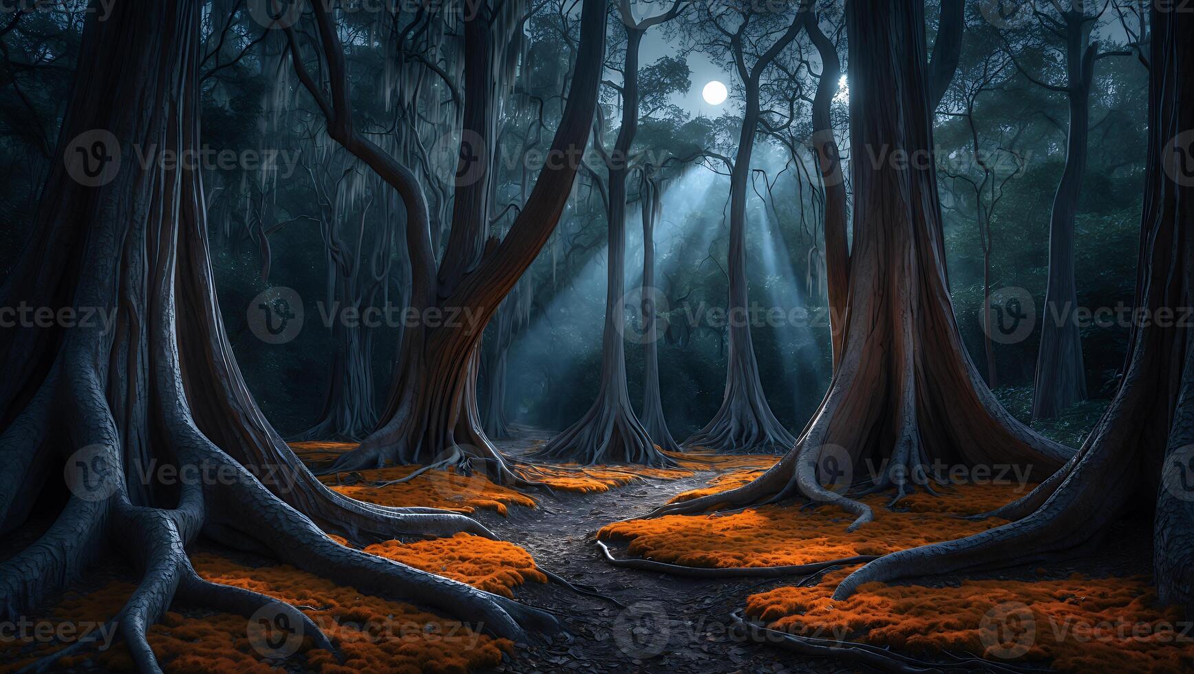 Exploring a Magical Forest at Night with Beams of Moonlight photo