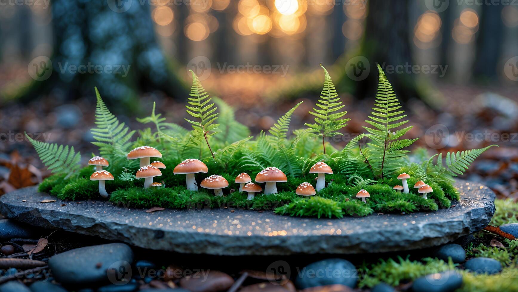 Mushrooms and Ferns Growing on Stone in Forest Natural Setting photo