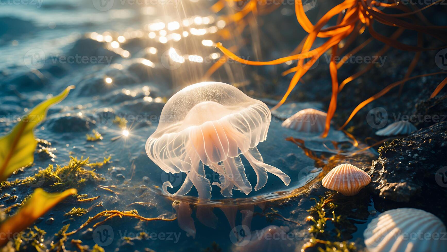 Jellyfish Floating Near Shoreline with Seashells in the Sunlight photo