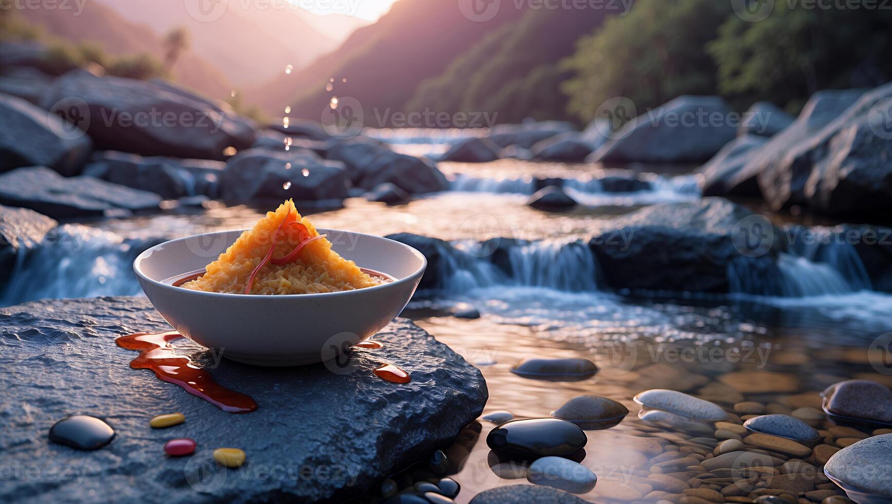Serving Food by a River Stream Creates Unique Dining Experience photo