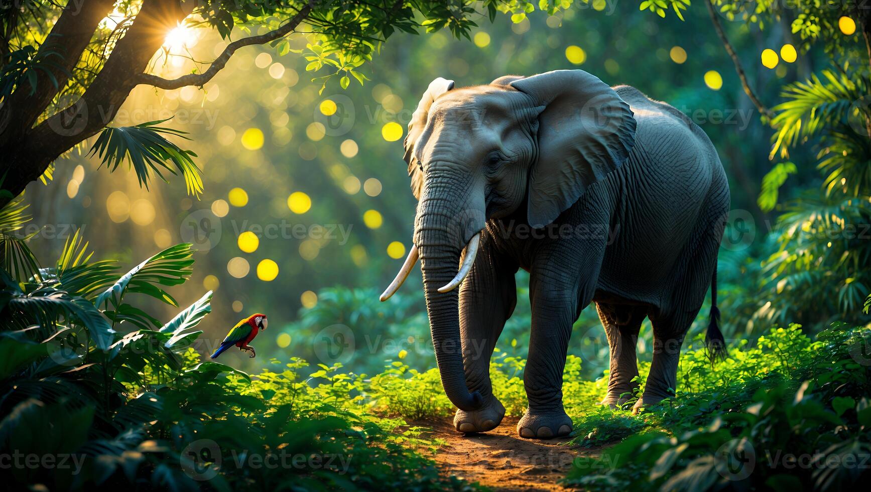 Elephant Walk in Lush Forest with Sunlight and Tropical Plants photo