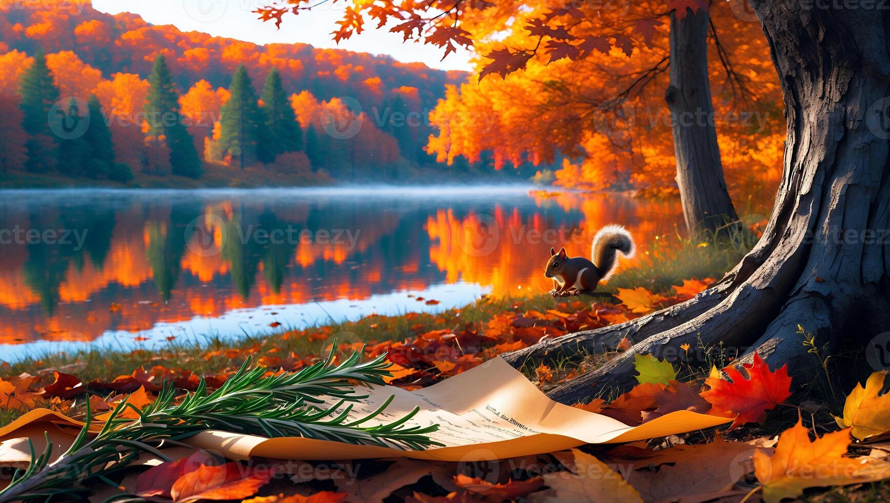 Squirrel Resting by Lake During Autumn with Reflection and Leaves photo