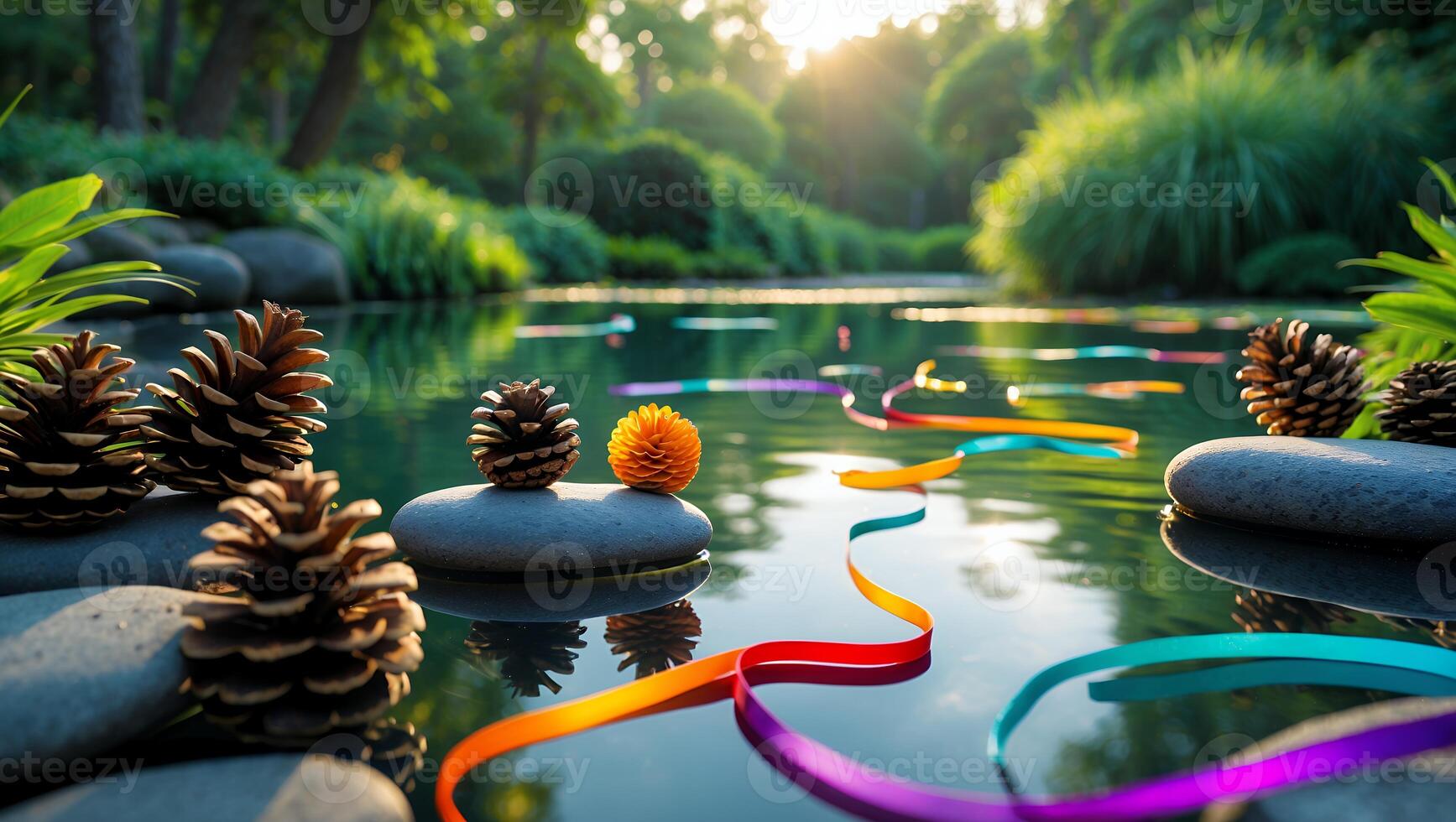 Pine Cones and Colorful Ribbon Floating on Peaceful Pond Water photo