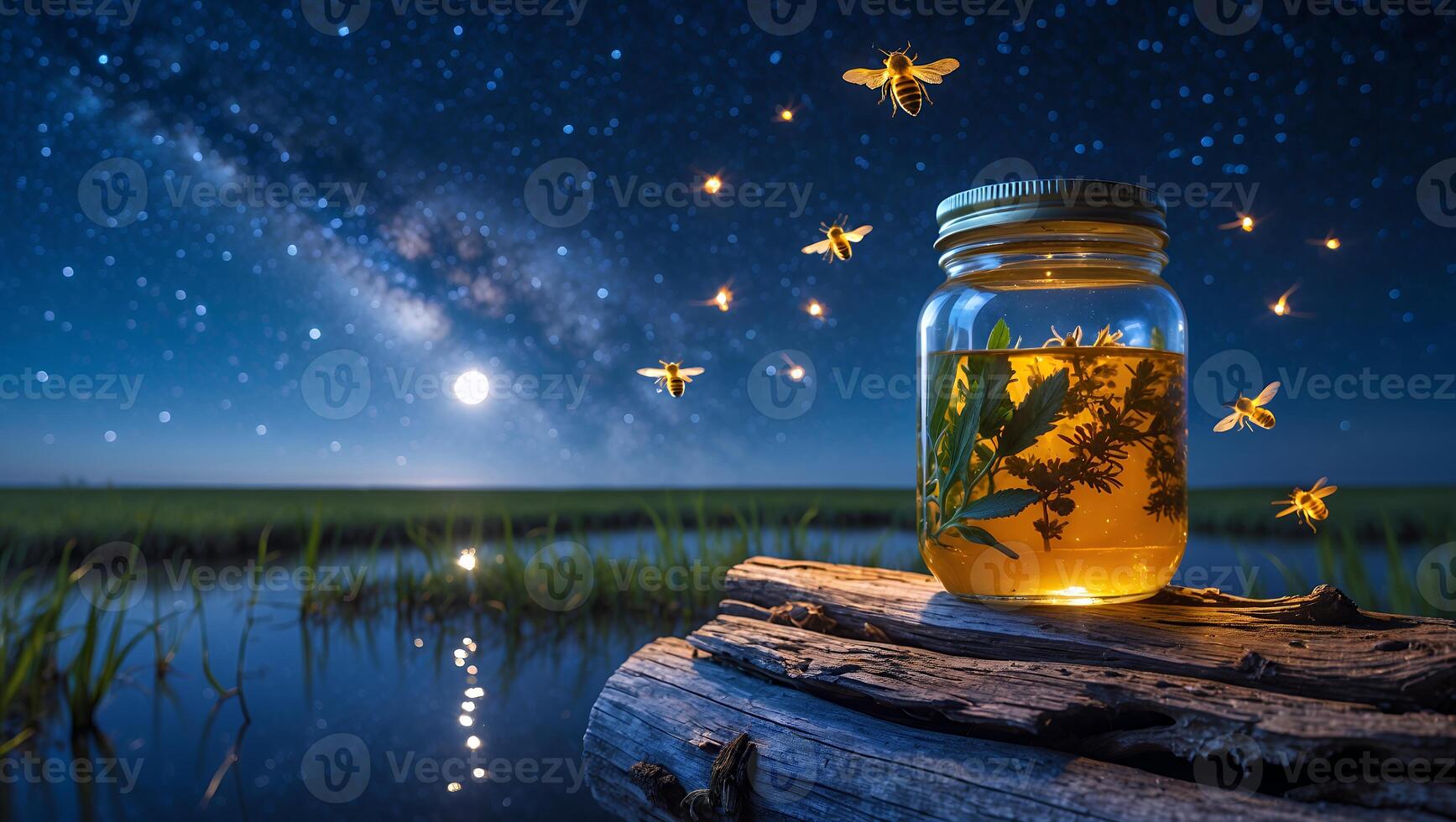 Jar Filled with Liquid and Plants Under Starry Night with Bees photo