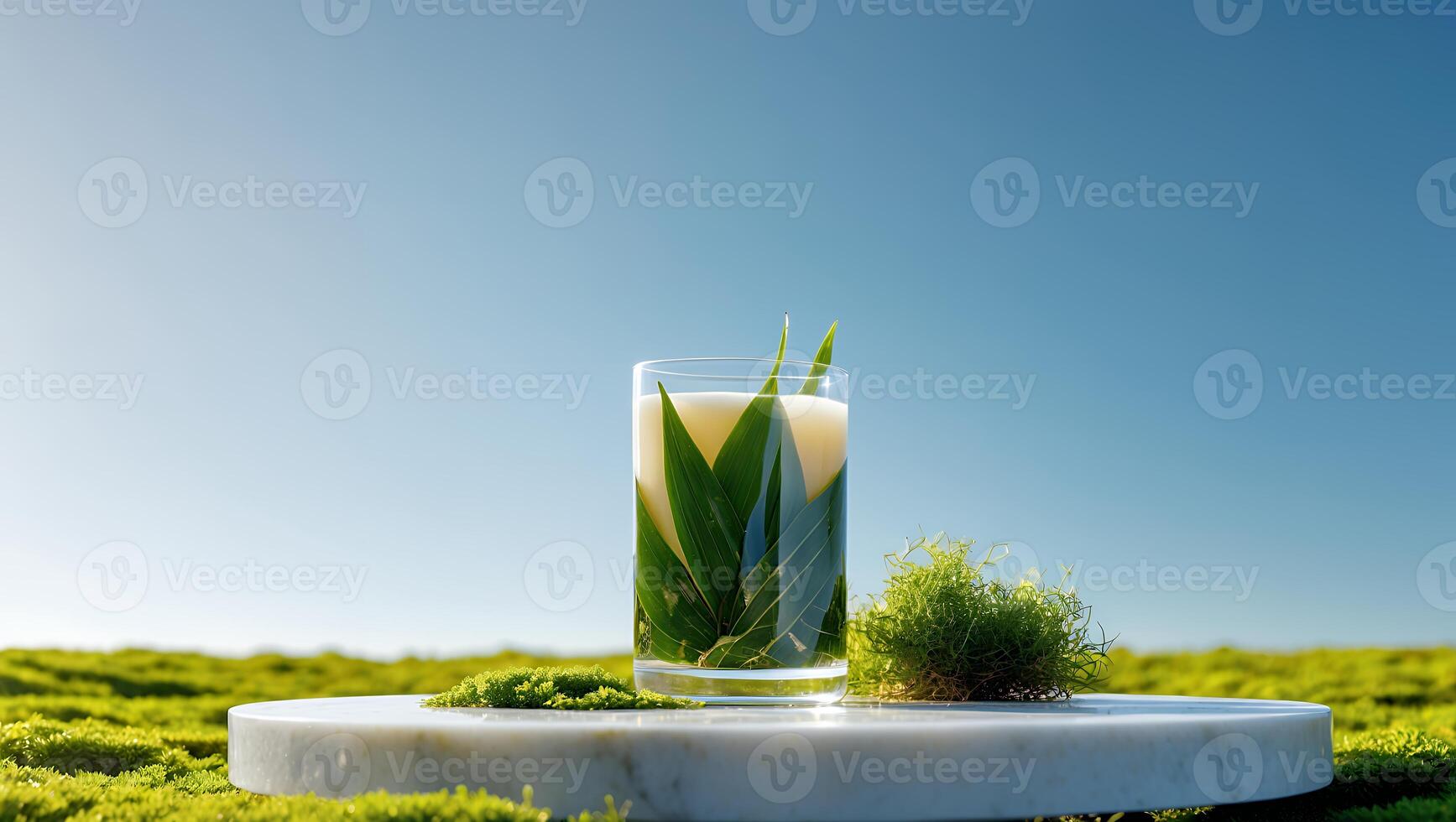 Refreshing Drink with Green Leaves on Mossy Outdoor Setting photo