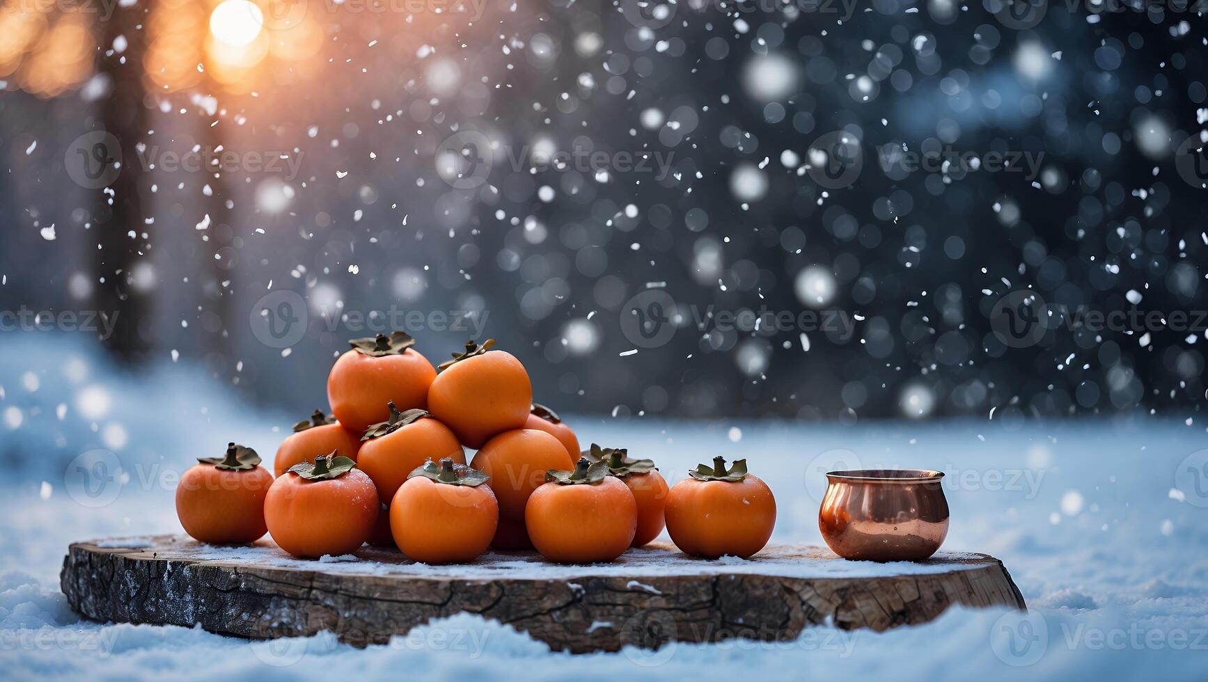 Arrangement of Fresh Persimmons on Wooden Slice with Winter Snowfall photo