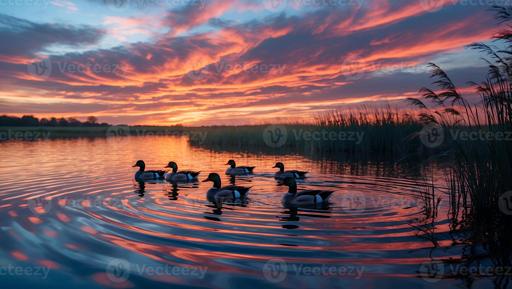Ducks Swim on Still Lake During Colorful Sunset Sky Reflection photo