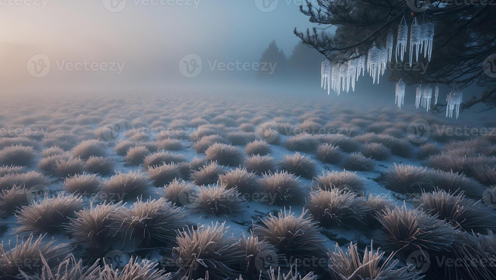 Icy Field and Tree Branch with Icicles in a Frosty Landscape photo