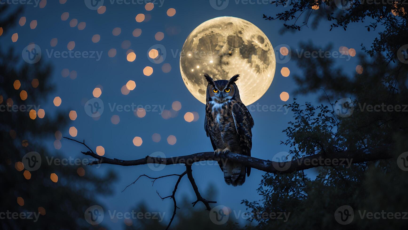 Owl Perched on Branch Under Full Moon with Bokeh Lights photo