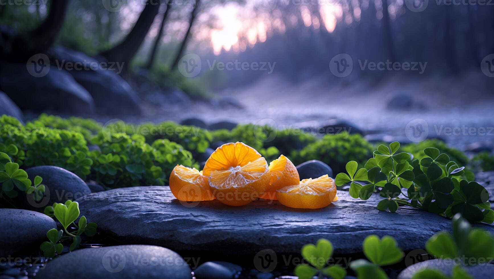 Orange Slices Resting on Rock Amidst Forest and Gentle Stream photo