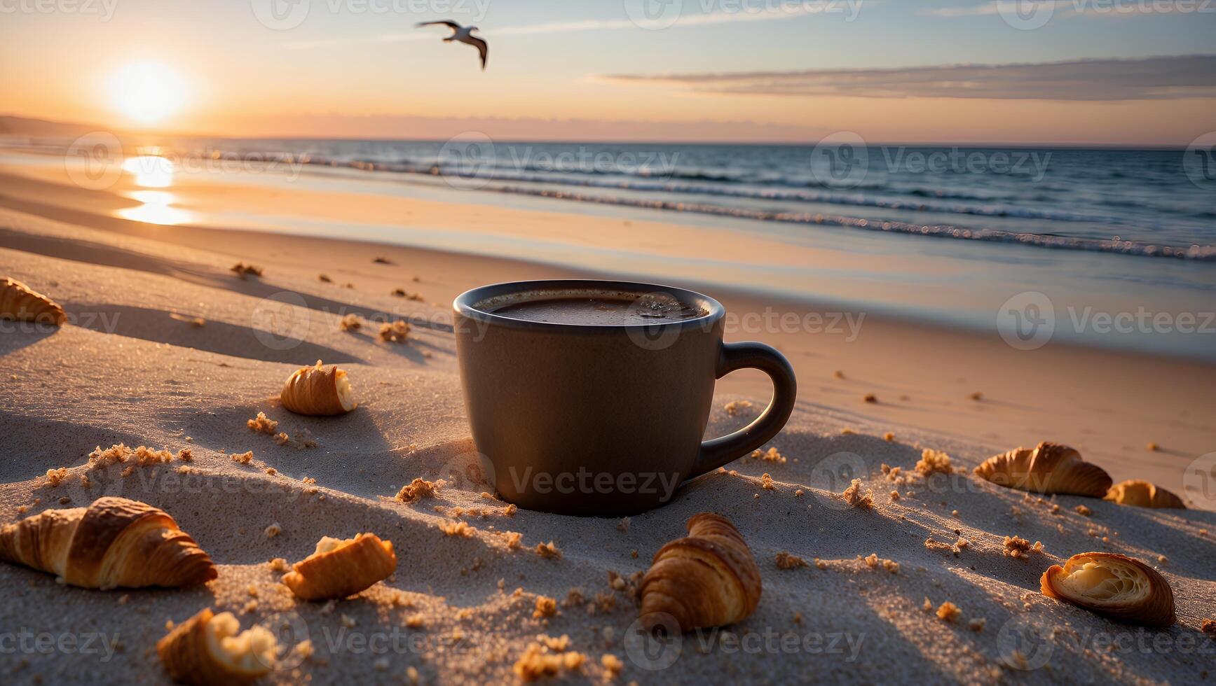 Coffee and Croissants on Sandy Beach at Sunset with Flying Bird photo