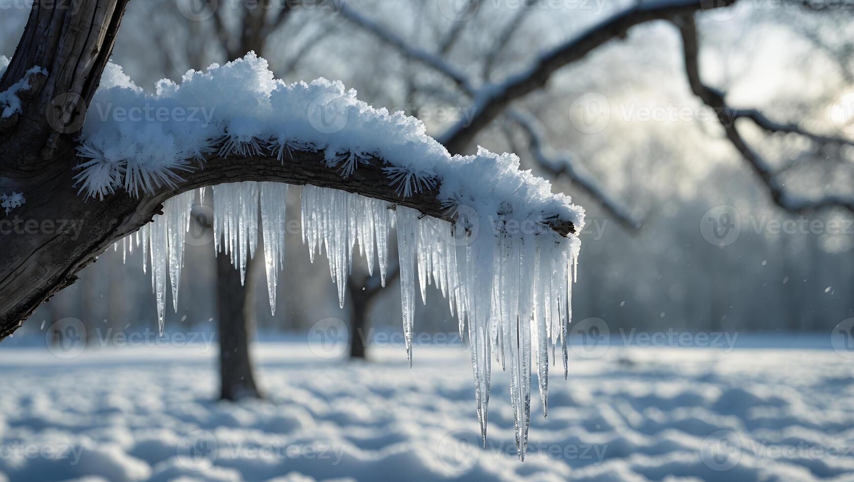 Icicles Hanging From Snowy Tree Branch on a Sunny Winter Day photo
