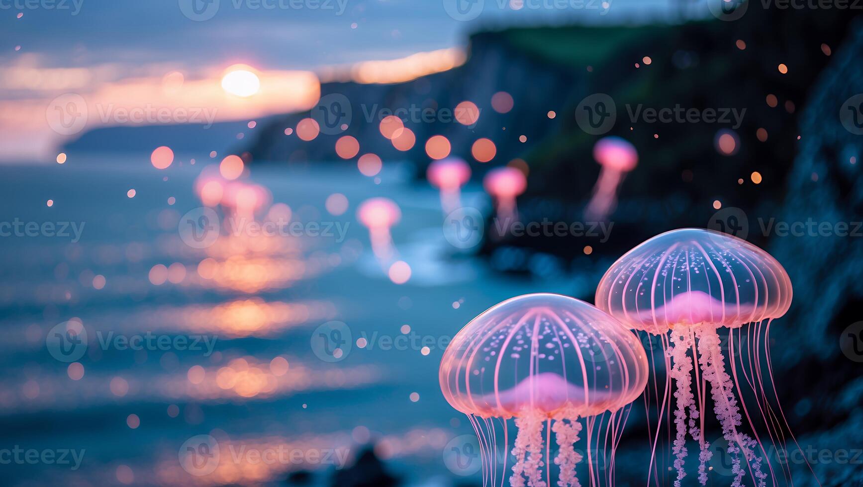 Glowing Jellyfish Floating in Ocean at Sunset with Coastal Scene photo