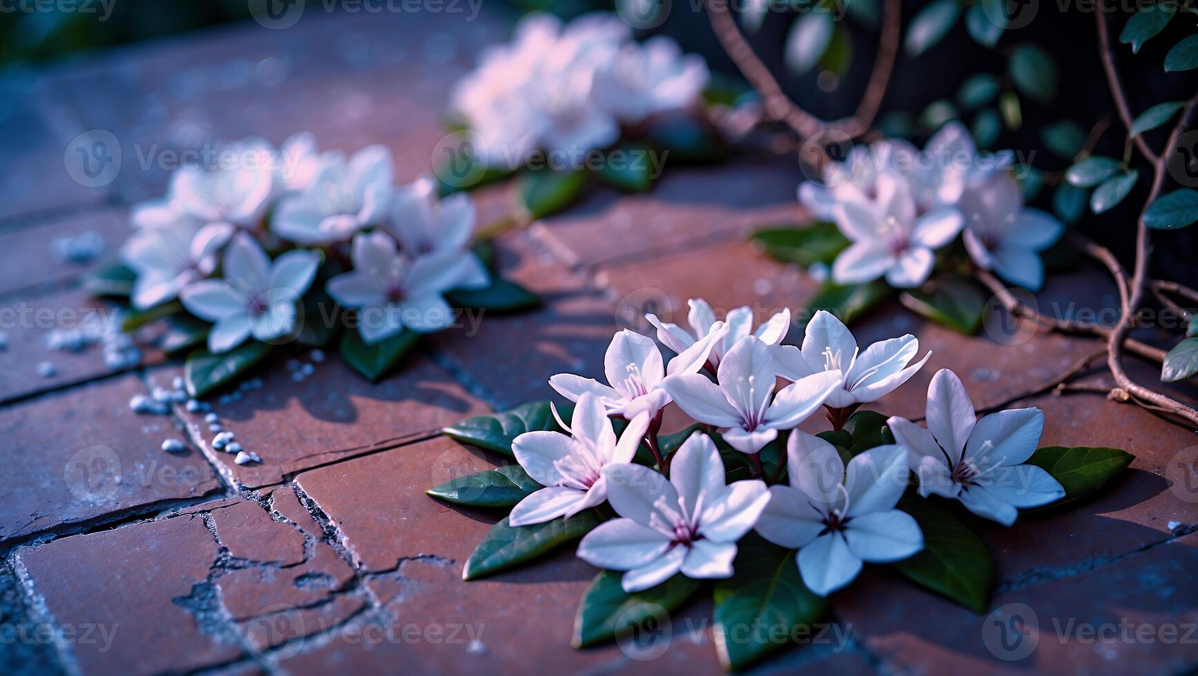 Arrangement of White Flowers on Brick Surface Creating a Wreath Shape photo