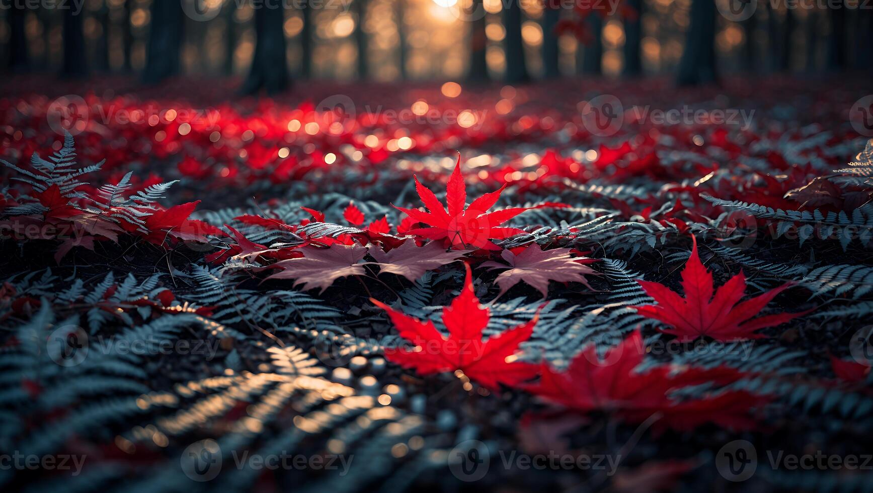 Red Maple Leaves Falling in Forest During Autumn with Warm Sunlight photo