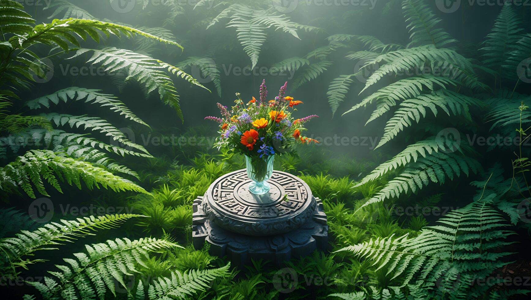 Flower Bouquet Centerpiece in Verdant Fern Garden with Mystic Light photo