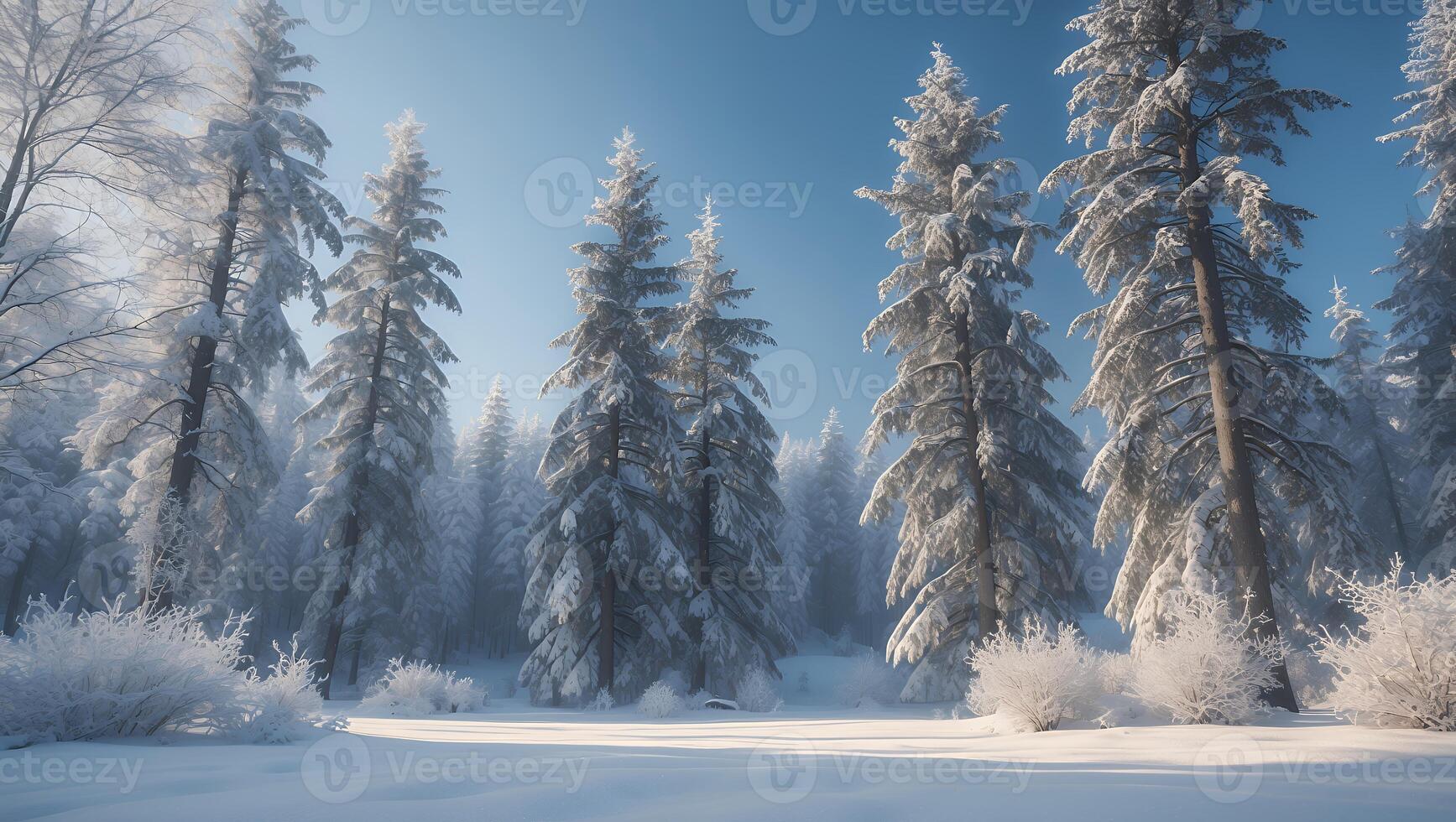 Walking Through Snow Covered Evergreen Forest Under a Clear Blue Sky photo