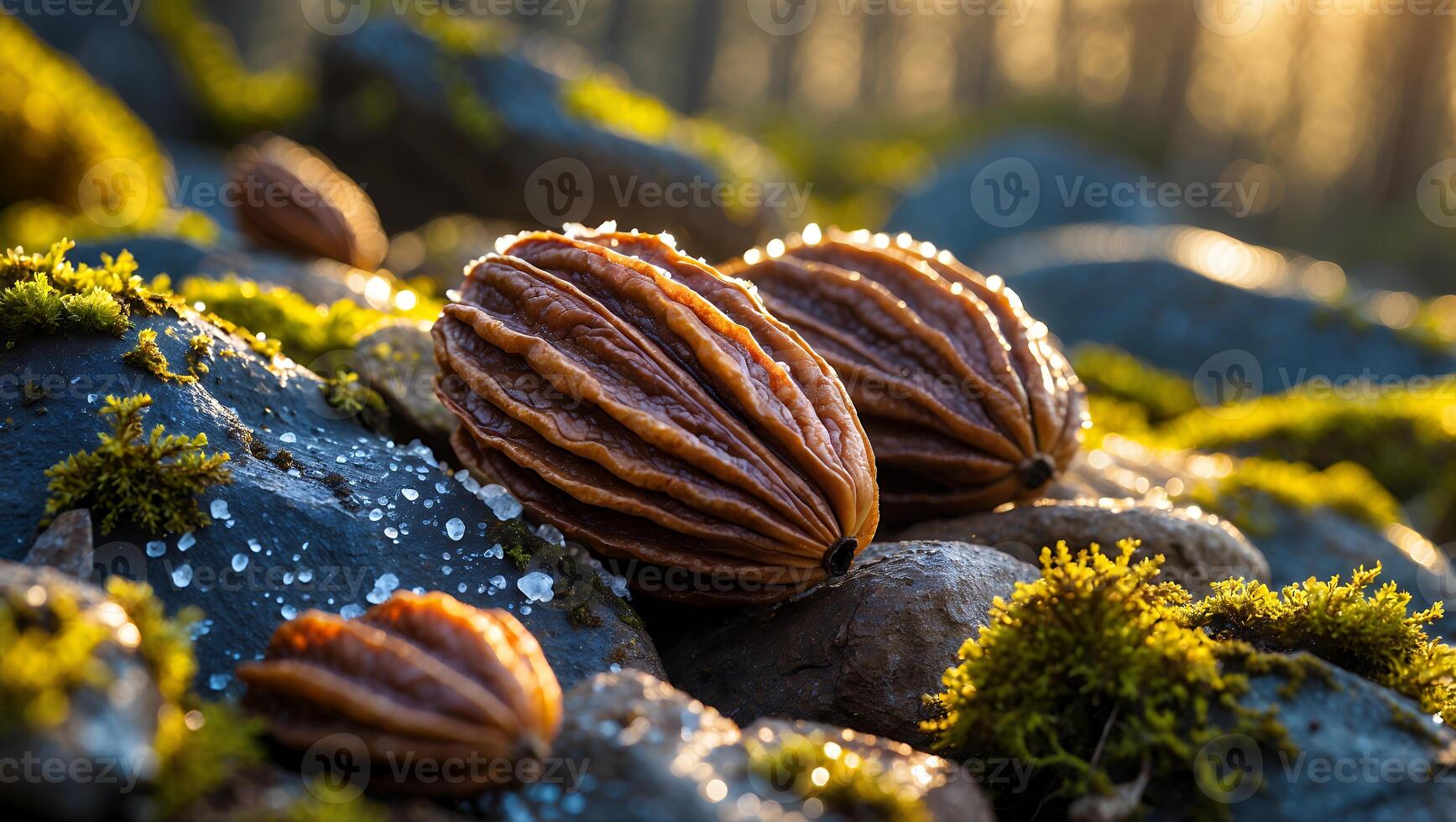 Gathering Nuts on Mossy Rocks in the Forest Sunlight photo