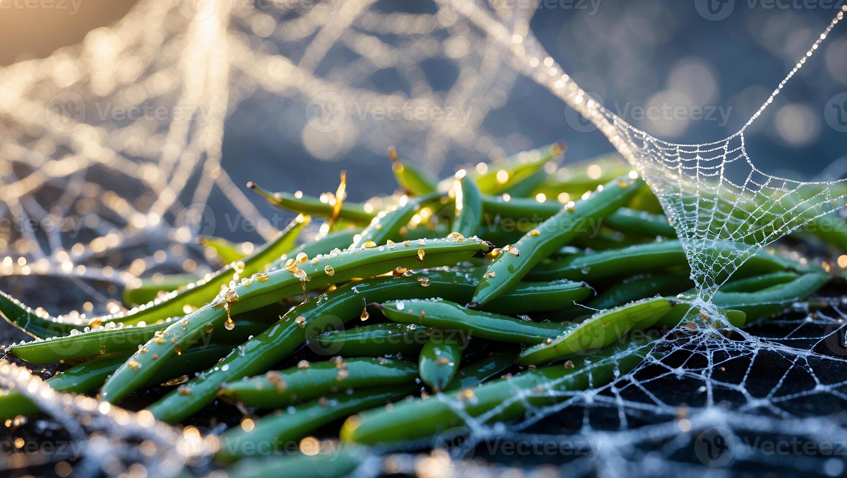 Fresh Green Beans with Dew Drops on Spider Web Surface photo