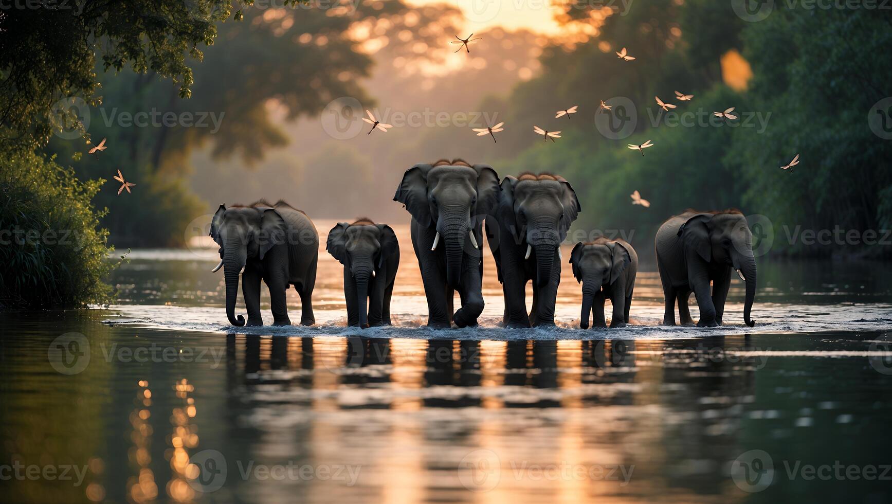 Elephant Family Crossing River at Sunset with Dragonflies Flying photo