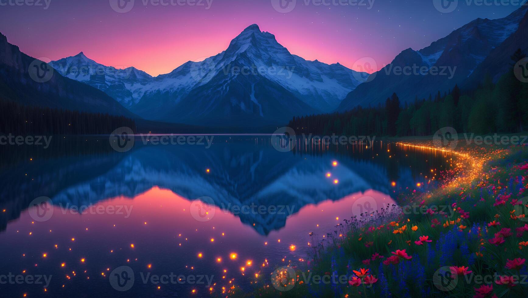 Reflecting Lake Surrounded by Mountains and Flowers at Dusk Scenery photo