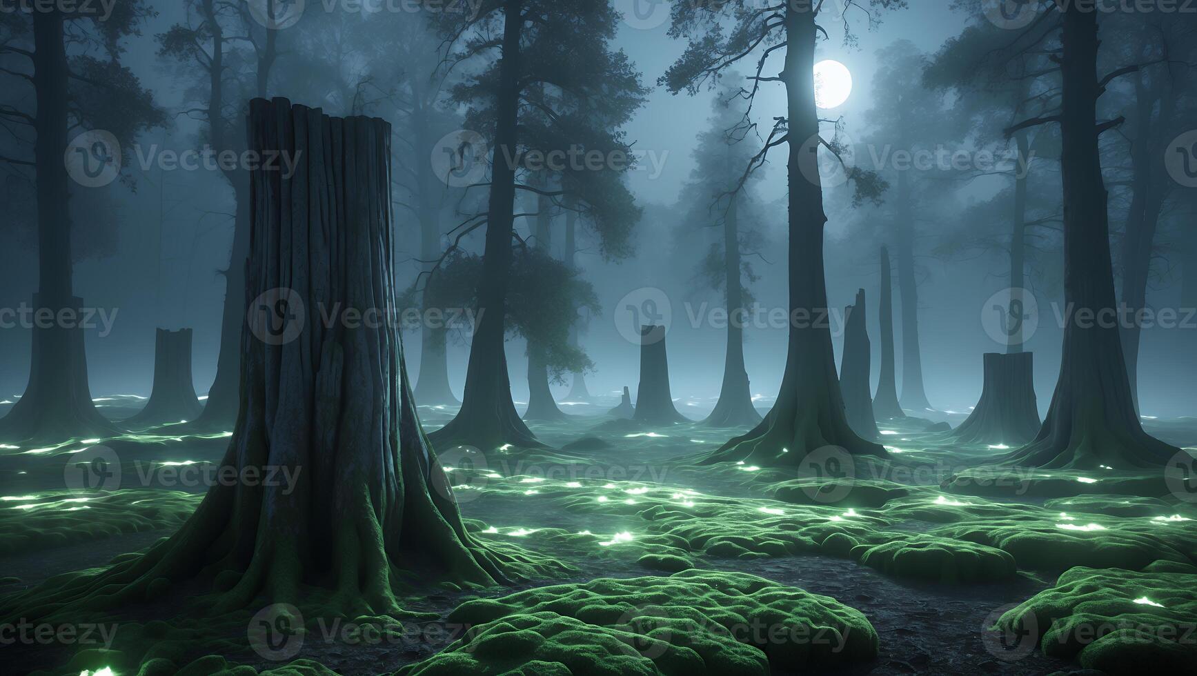 Mystical Forest Scene with Glowing Moss and Towering Tree Silhouettes photo