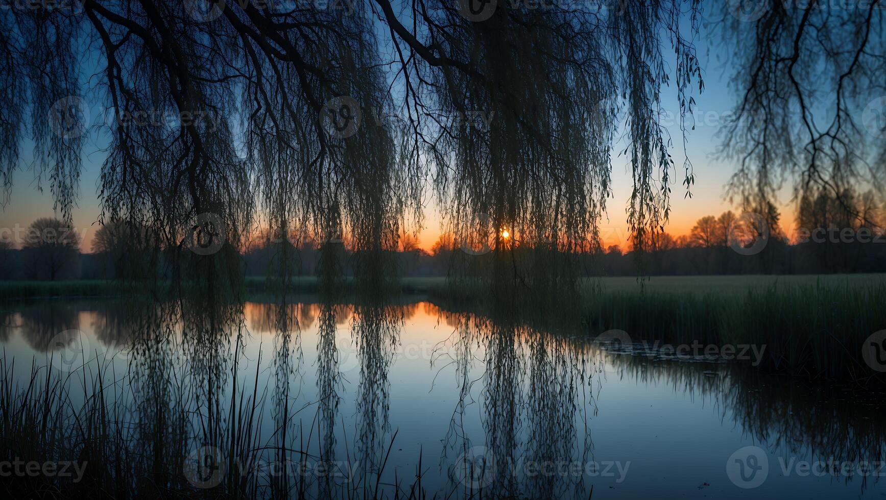 Willow Tree Reflections at Twilight on a Calm Lake Surface photo