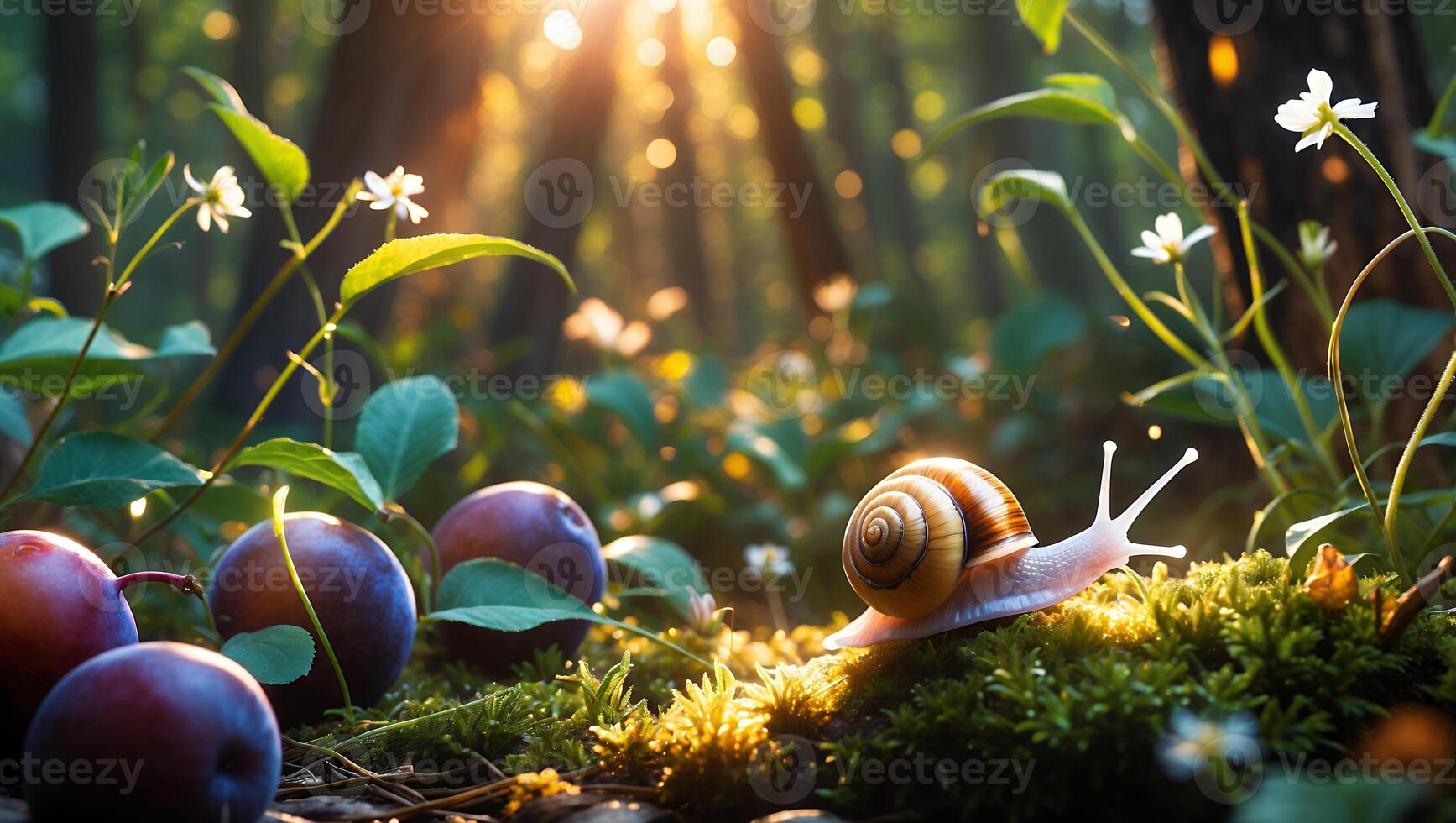 Snail Crawling on Moss with Plums in Forest Sunlight photo