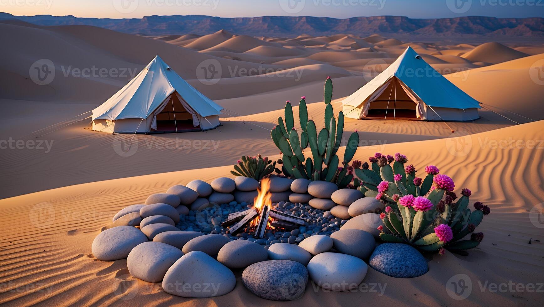 Desert Camping Adventure Fireplace Rocks Tent Vacation at Sunset photo