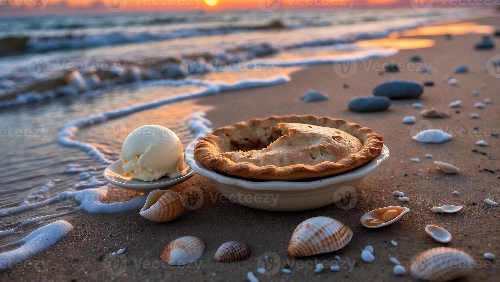 Serving Pie and Ice Cream on Beach at Sunset with Seashells photo