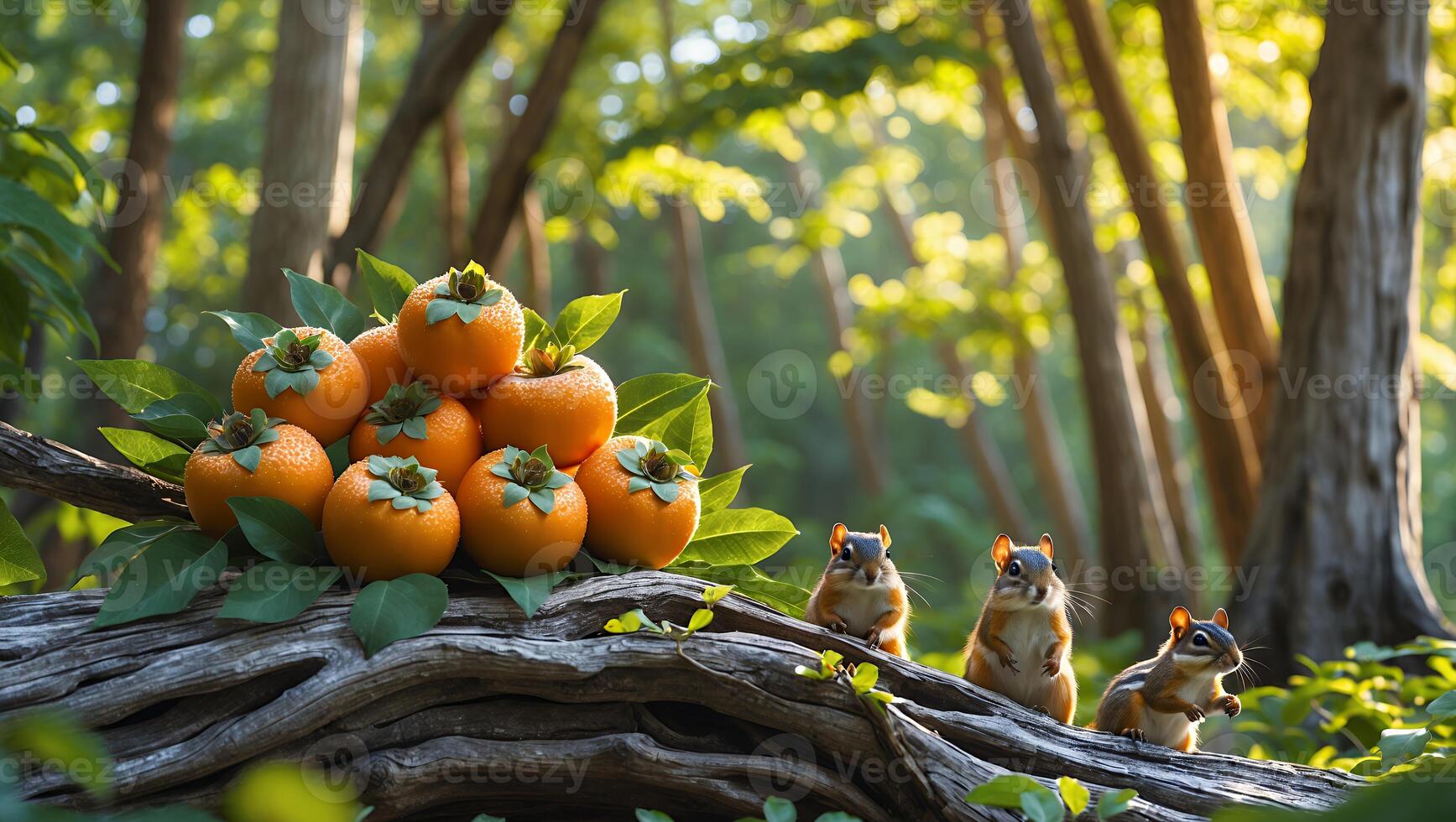 Squirrels with Pile of Persimmons on Log in Forest Scene photo