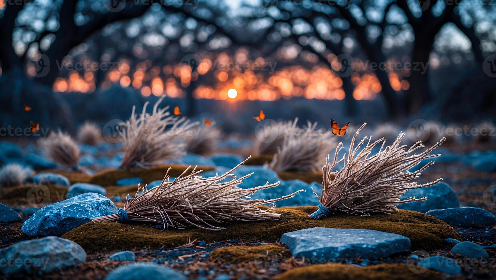 Grass Bundles on Mossy Rocks with Sunset and Butterflies photo
